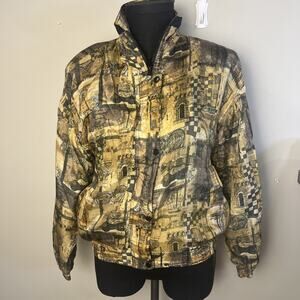 Vintage 80s Details Sportswear Bomber Jacket 100% Silk Med. Gold City Print